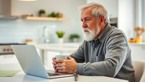 Elderly man in wheelchair using laptop, symbolizing SA property searches changing lifestyles.