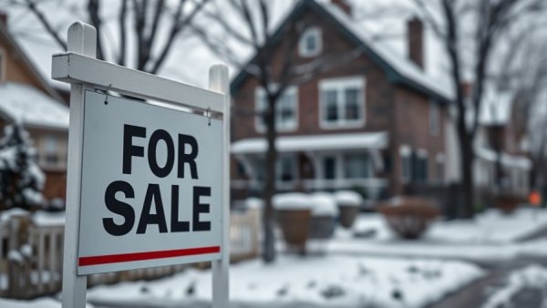 Real estate 'For Sale' sign in snowy area highlighting Toronto Vancouver home prices fall.