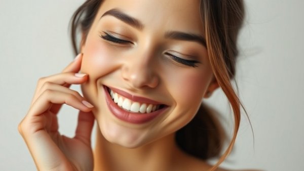 Joyful young woman practicing holiday self-care, radiant skin.