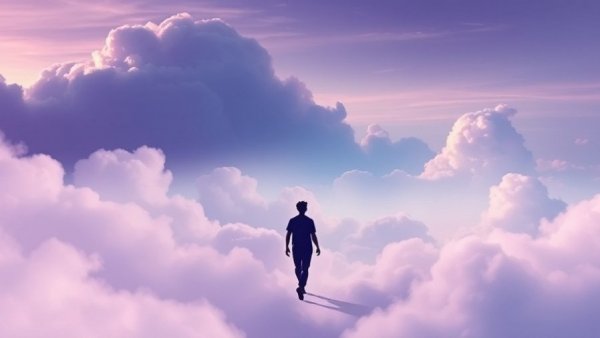 Surreal illustration of a person in a dreamlike cloudscape, representing invisible childhood trauma recovery, with ethereal purple tones.