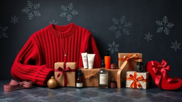 Colorful December holiday gifts collection, including a red sweater and beauty products.