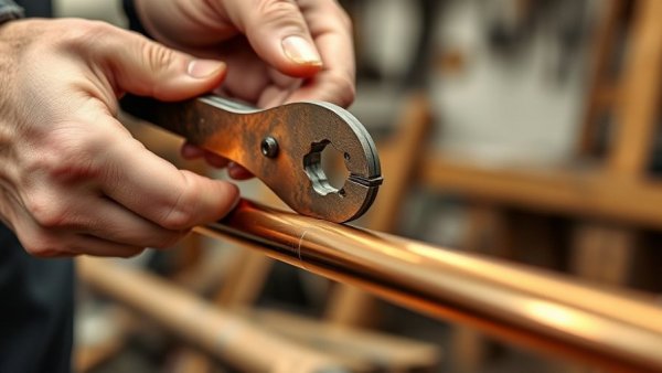 Hands cutting copper pipe for DIY copper pipe coffee maker project.