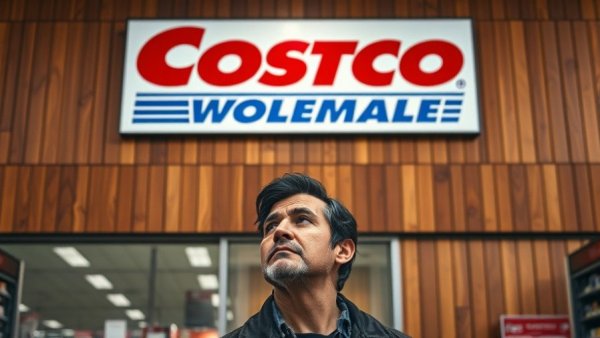 Costco Wholesale sign and contemplative man, business setting.