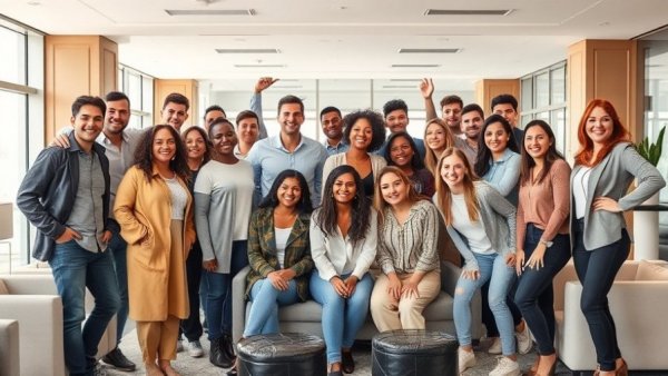 Group photo in modern lounge for 2026 Aesthetics Courses, diverse team smiling.