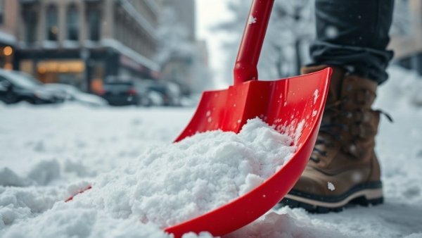 Red snow shovel pushing snow, snowy ground, worn boots visible.