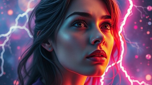 Vividly emotional woman gazes at cosmic lightning; Menopause and Hidden Trauma.