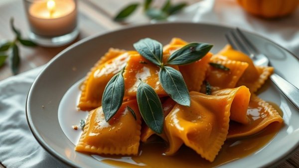 Pumpkin ravioli with sage and brown butter on a rustic table.
