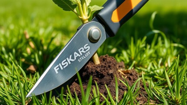 Fiskars gardening tool gripping plant root in a green lawn.