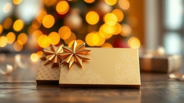 Gold skin care treatments holiday gift cards with festive bokeh.