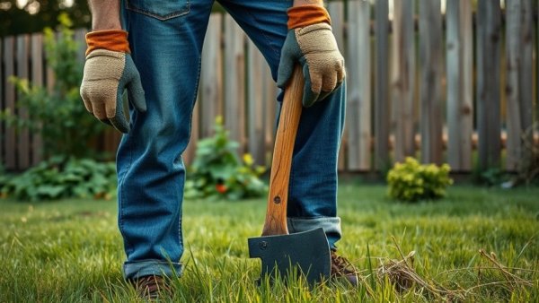 Person demonstrating safe axe handling in garden setting.