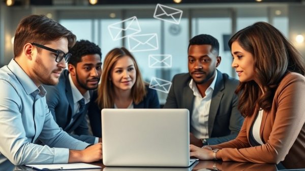 Business meeting discussing real estate email marketing strategies with laptops.