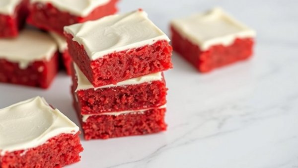 Grain-free red velvet cake bars stacked with creamy frosting