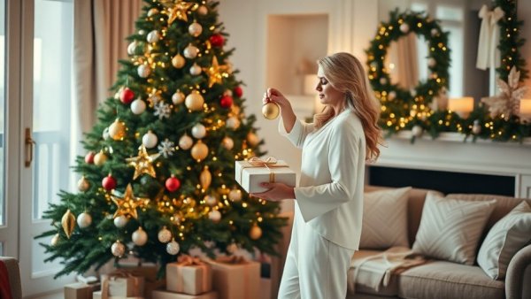 Woman decorating tree and holding gift in cozy living room; start holiday traditions.