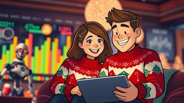 Cartoon of couple in holiday sweaters with AI and graphs, cozy festive scene illustrating control online by platforms.