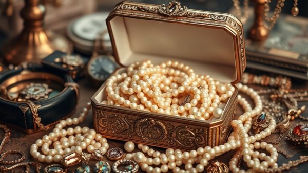 Luxurious jewelry box overflowing with pearls and gems, rich and elegant.