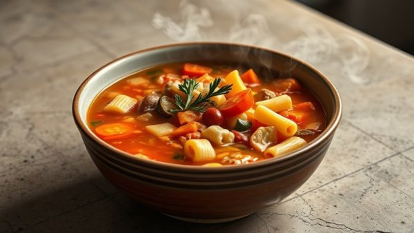 Vibrant immunity soup with vegetables and pasta.