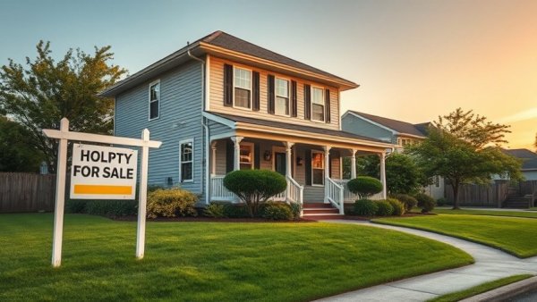 Charming suburban house for sale at sunset, prepare for a home inspection.