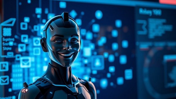 Futuristic digital interface with a man, showcasing AI prompts for real estate agents.