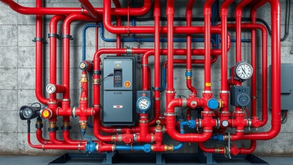 Detailed furnace system showing colorful pipes, highlighting regular furnace maintenance.