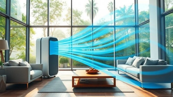 Modern living room with air purifier for indoor air quality in humid areas.