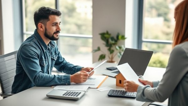 Casual business meeting discussing mortgage pre-approval, bright modern office.