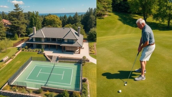 Aerial house view with tennis court; elderly man golfing on green.