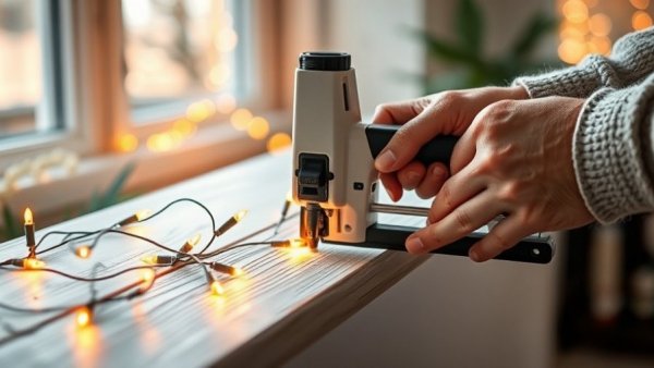 Surebonder Light Tacker securing holiday lights to white wood.