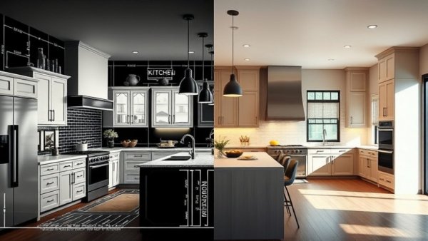 Split-screen kitchen renovation: blueprint to finished design