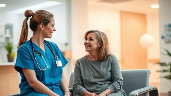 Nurse discussing wellness with patient in a menopause care setting.
