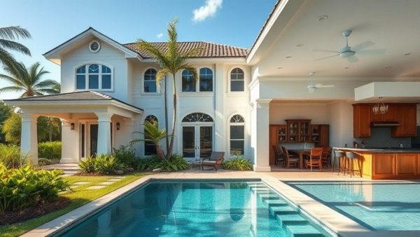 Collage of luxury real estate in Florida with home, pool, and kitchen.