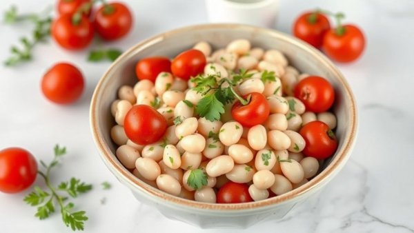 Copycat Erewhon White Bean Tomato Salad in ceramic bowl on marble surface.