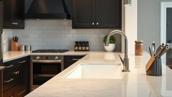 Modern kitchen featuring farmhouse sink and sleek countertop.