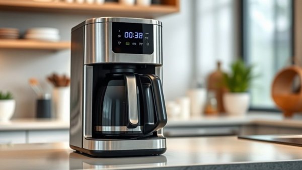 Sleek stainless steel drip coffee maker in modern kitchen setting.