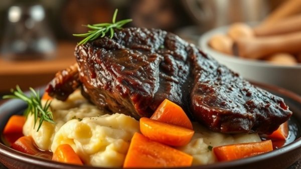 Braised Short Ribs Recipe: Succulent ribs on mashed potatoes with carrots.