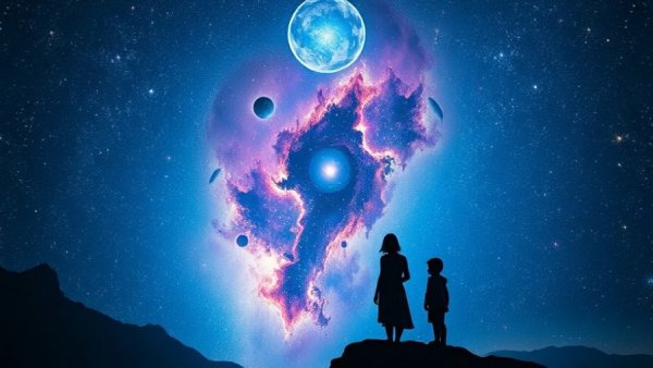 Coping with trauma illustrated as a woman and child gazing into a galaxy.