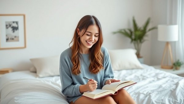 Young woman enjoying journaling in a peaceful bedroom, illustrating quitting social media benefits.