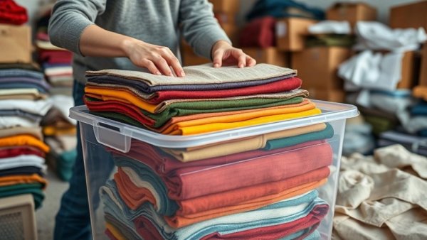 Packing textiles into boxes, preparing for house move.