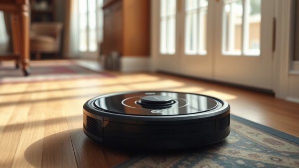 Roomba vacuum cleaning home interior, light streaming in.