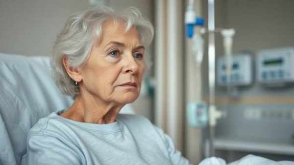 Older woman undergoing chemotherapy treatment in a clinical setting.