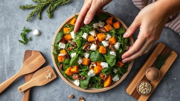 Warm salad recipe for winter, vibrant mix of squash and greens.