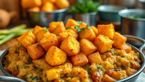 Cozy Sweet Potato Tater Tot Casserole with vegetables and meat