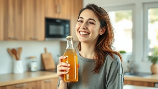 Smiling woman in a kitchen holding a non-alcoholic drink, promoting drinking less alcohol.