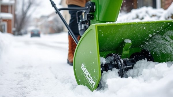 Common snow blowing mistakes with snow blower on driveway, close-up.