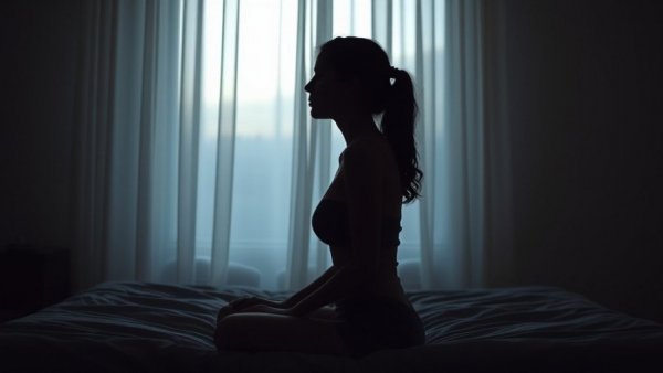Silhouette of a woman sitting thoughtfully on a bed, contrasting light.