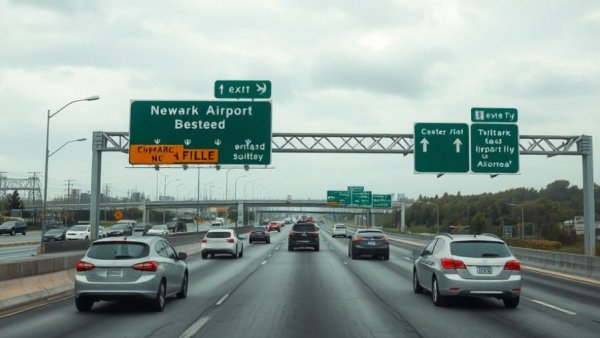 Vehicles navigate highway signs without GPS on overcast day.