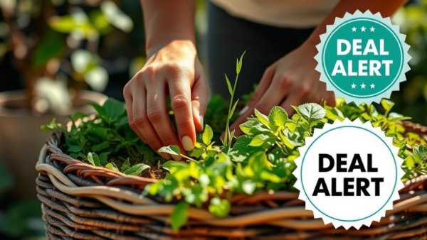 Hands tending a lush planter garden with 'Deal Alert' badge, Keter Winter Blowout Sale.