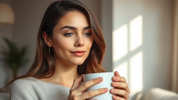 Relaxed woman enjoying coffee at home, capturing tranquility and self-care.