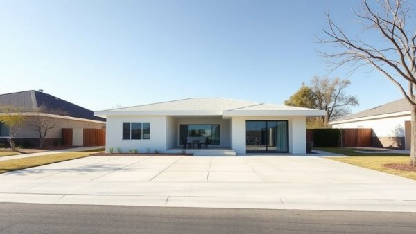 Modern single-story house with driveway in Merced, CA.