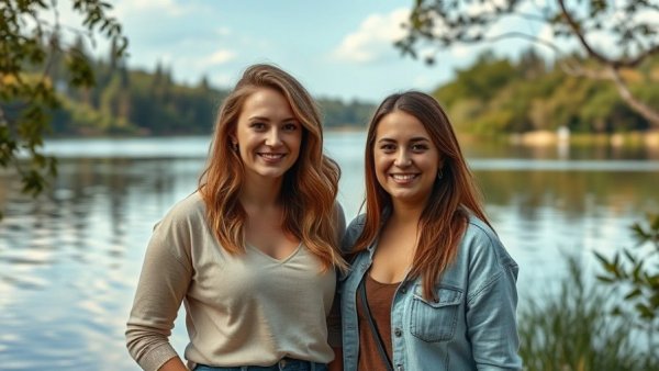 Two women by a lake on a sunny day