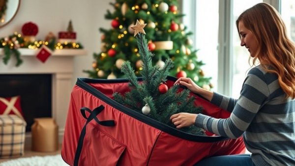 Woman using the best Christmas tree bags for storage near decorated tree.